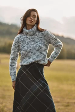 TKANINOWA ROZKLOSZOWANA SPÓDNICA MIDI W KRATĘ — LUBKO